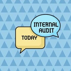 Text sign showing Internal Audit. Business photo showcasing Evaluates the effectiveness of the controls and processes Pair of Overlapping Blank Speech Bubbles of Oval and Rectangular Shape