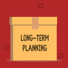 Word writing text Long Term Planning. Business photo showcasing Establish Expected Goals five or more years ahead Close up front view open brown cardboard sealed box lid. Blank background