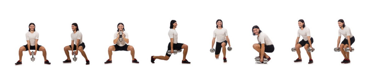 Man exercising with dumbbels isolated on white