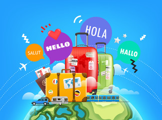 World adventure concept with color bubbles. Hello on different languages: franch, english, spanish, german. © tovovan