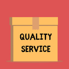 Handwriting text Quality Service. Conceptual photo how well delivered service conforms to clientexpectations Close up front view open brown cardboard sealed box lid. Blank background