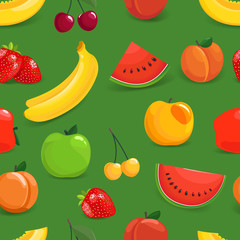 Seamless pattern with colorful fruits. Apple, strawberry, peach, banana, watermelon, cherry, melon