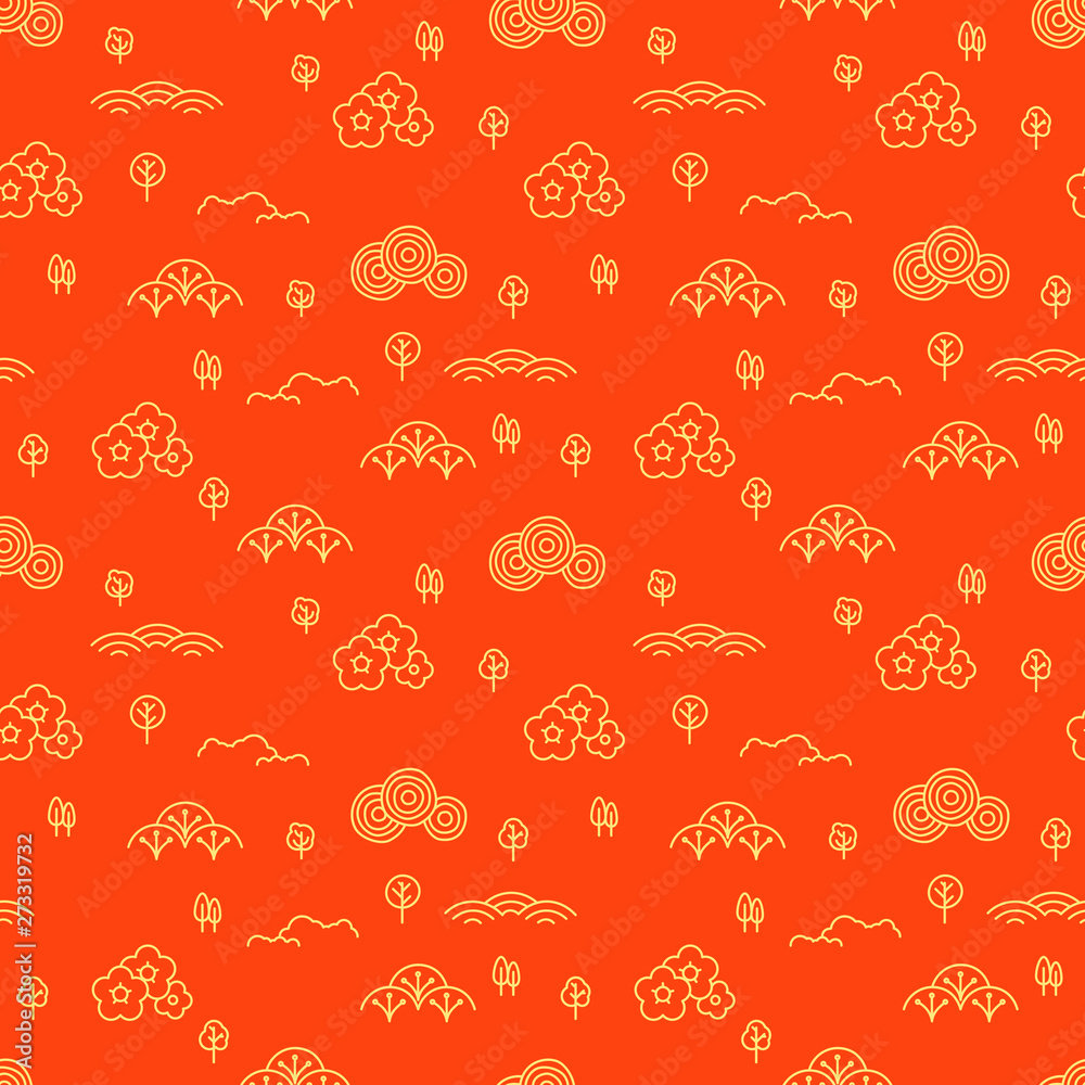 Poster Abstract seamless pattern of summer elements. Red background