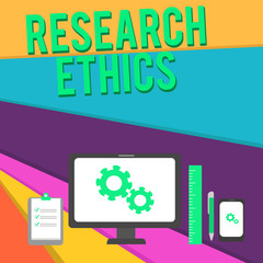 Word writing text Research Ethics. Business photo showcasing interested in the analysis ofethicalissues that raised Business Concept PC Monitor Mobile Device Clipboard Ruler Ballpoint Pen