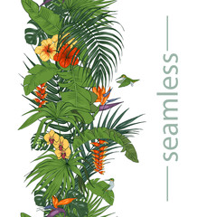 Hummingbirds and tropical flowers and leaves, Heliconia and strelitzia, palm and monstera leaves, seamless pattern, vector illustration
