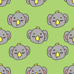 Abstract seamless pattern with animals. Soft colors. Colorful children's illustration. Print for textiles, packaging, children's clothing.Green background.Cute koala.