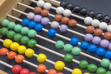 Closeup of colored wooden beaded beads for a little worn out children's education