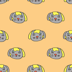 Abstract seamless pattern with animals. Soft colors. Colorful children's illustration. Print for textiles, packaging, children's clothing.Yellow background.cute cat, kitten.