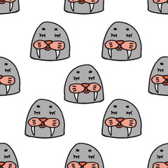 Abstract seamless pattern with animals. Soft colors. Colorful children's illustration. Print for textiles, packaging, children's clothing.White background.Cute walrus seal.