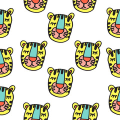 Abstract seamless pattern with animals. Soft colors. Colorful children's illustration. Print for textiles, packaging, children's clothing.White background.Cute tiger.