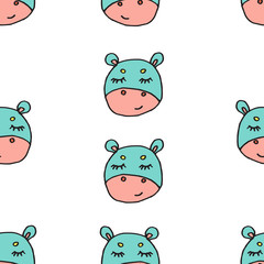 Abstract seamless pattern with animals. Soft colors. Colorful children's illustration. Print for textiles, packaging, children's clothing.White background.Cute hippo.