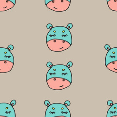 Abstract seamless pattern with animals. Soft colors. Colorful children's illustration. Print for textiles, packaging, children's clothing.Grey background.Cute hippo.