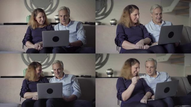 Collage of smiling middle-aged Caucasian couple sitting on sofa in living room, finding goods, rejoicing, clapping hands, paying online with credit card. Modern technology, online shopping concept