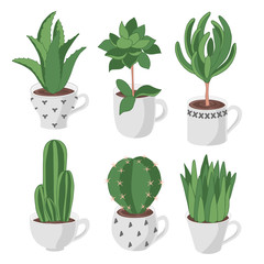 Green cactuses in gray mugs. Set of icons on white background. Flat isolated hand drawn vector illustration.