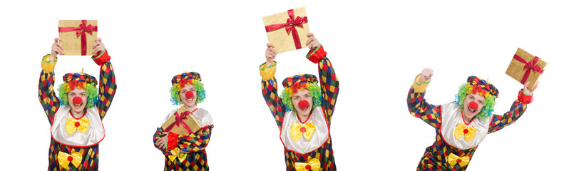 Clown with giftbox isolated on white