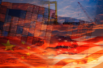 USA and China trade war economy conflict tax business finance money United States raised taxes on imports of goods from China on Container ship
