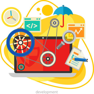 Development and coding, scripting and website development concept. Trendy amoeba horizontal banner