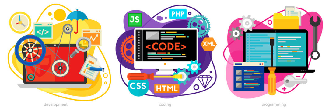 Programming and coding, scripting and website development, analytics trendy amoeba style concepts