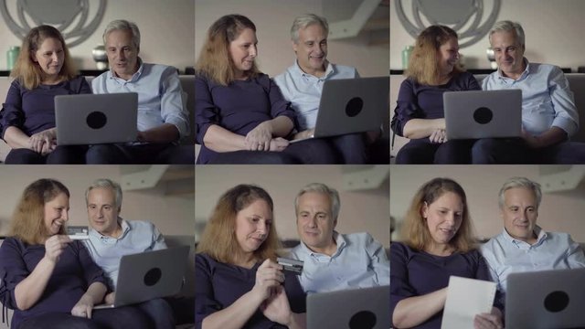 Collage of smiling middle-aged Caucasian couple sitting on sofa in living room, finding goods, celebrating, paying online with credit card. Modern technology, online shopping concept