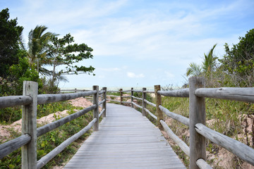 Fototapeta na wymiar Wooden walkway leading to the beautiful beach in Brazil