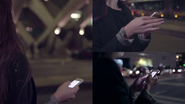 Collage of medium shots of beautiful young woman standing and walking outside at night, texting on phone, waiting fo taxi. Lifestyle concept