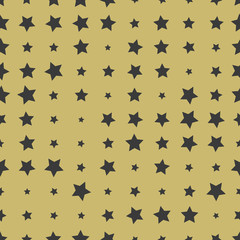 Seamless stars of different sizes on a gold background. Abstract background with stars. Vector fabric print. Military, independence day background. Wallpaper, wrapping paper, web design template. 