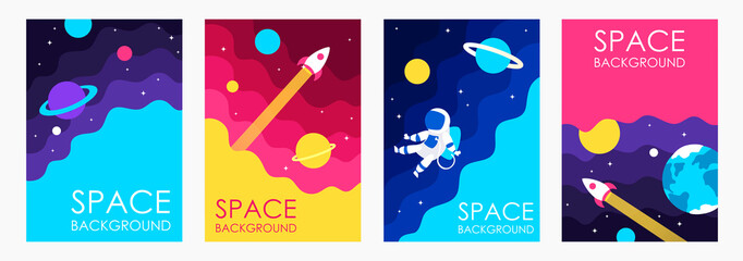 Cartoon space. Galaxy. Set of templates for flyers, banners, booklets, frames, brochures, posters, cards. Vector EPS 10. Children's illustration. Planets in space.