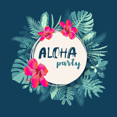 Aloha Party. Trendy summer vintage tropical print with a round frame - obrazy, fototapety, plakaty