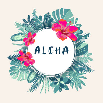 Aloha. Trendy summer vintage tropical print with a round frame
