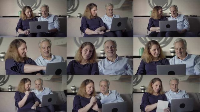 Collage of smiling middle-aged Caucasian couple sitting on sofa in living room, finding goods, celebrating, paying online with credit card, waving hands. Modern technology, online shopping concept