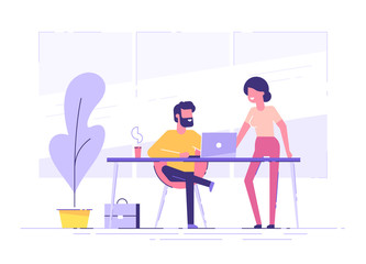 Young man is sitting at a desk with laptop and his colleague is pointing to a screen and giving advice. Office business concept. Modern vector illustration.