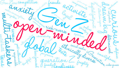Open-Minded Generation Z Word Cloud on a white background. 