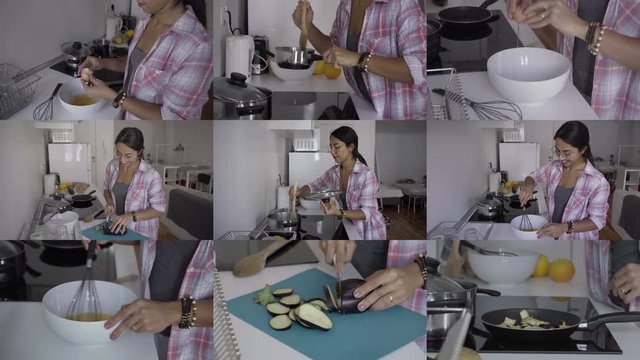 Collage of pretty Caucasian woman in spectacles and roe striped homewear cooking at kitchen, smashing, mixing eggs, cutting and frying eggplants. Cooking concept 