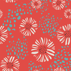 Fototapeta na wymiar Abstract daisies seamless vector pattern. All over floral print.hot red orange background, turquoise and white. For fashion, home decor, textiles, invitations, wallpaper, swimwear and stationery.