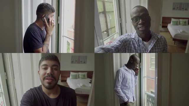 Collage of thin Afro-american man in striped shirt and mixed-race young man with beard standing at window, talking on phone, having video chat. Lifestyle, communication concept