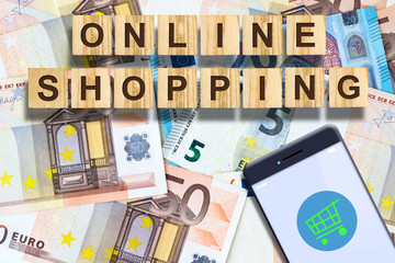 Concept Online Shopping. Smartphone on the background of Euro banknotes. Business. Finance.