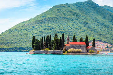 Beautiful mediterranean landscape. St. George Island near town Perast, Kotor bay, Montenegro.