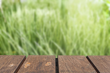 Empty wood plank table top with blur green nature background with copy space can use for design, Spring and Summer concept...