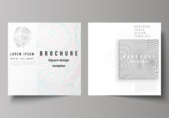 The minimal vector illustration of editable layout of two square format covers design templates for brochure, flyer, magazine. Topographic contour map, abstract monochrome background.