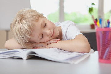 Close up of a charming blond haired angelic little girl sleeping on her textbooks on the desk at...