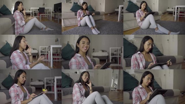 Collage of long, medium and close up shots of pretty young Caucasian woman sitting on floor in living room, typing on tablet, talking on phone. Communication, lifestyle concept.