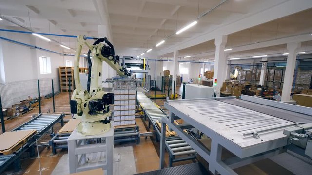 Robotic tool is displacing carton packages. Modern factory equipment.