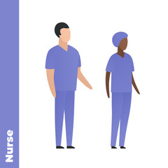 Trendy flat medical character vector cartoon illustration. Set of male and female black and white nurse team. Blue nursery uniform. Common department. Concept of caregiver personel. - obrazy, fototapety, plakaty