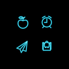 Set of vector school theme neon blue icons. Student collection of glowing pictogram apple, alarm, plane and backpack isolated on black. Modern design elements for invitation, graduation
