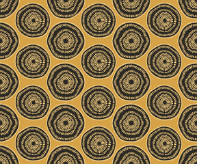 Doodle concentric circles, seamless pattern,  hand drawn shapes, gold and black background, vector illustration