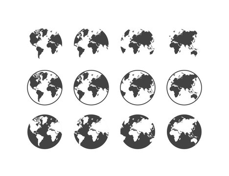 Set of earth globe icons in flat and linear design on a white background