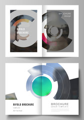 Vector layout of two A4 format modern cover mockups design templates for bifold brochure, flyer, booklet, report. Futuristic design circular pattern, circle elements forming geometric frame for photo.