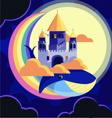 flying castle at night on a whale in the clouds