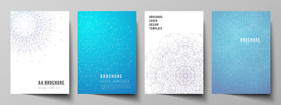 Vector layout of A4 format modern cover mockup design templates for brochure, magazine, flyer, booklet, report. Big Data Visualization, geometric communication background with connected lines and dots
