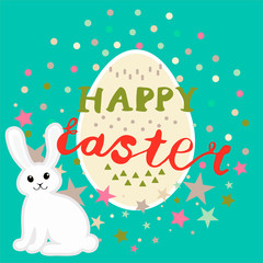 Colorful cute Happy Easter postcard with rabbit, lettering, egg, stars, dots, triangles in a circle composition. Vector illustration.